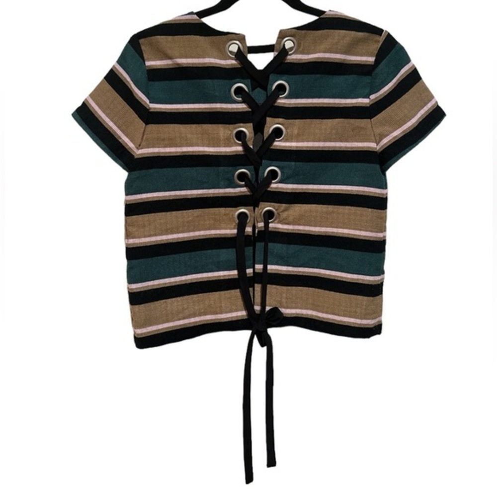 JOA LOS ANGELES BOXY STRIPE COLORBLOCK ROUND NECK SHORT SLEEVE CORSET BACK TOP